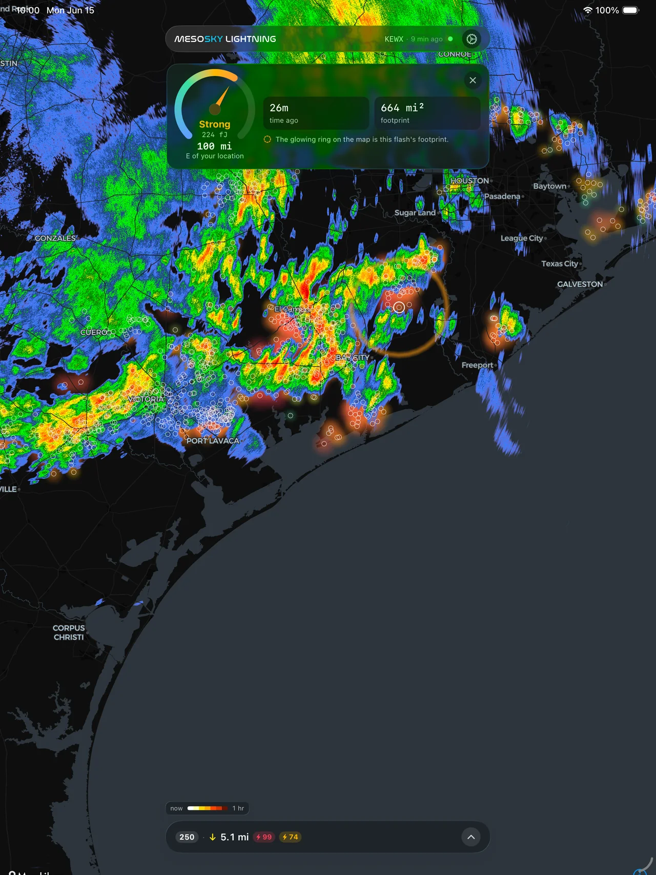 MesoSky Lightning running natively on iPad with a full-screen strength heatmap