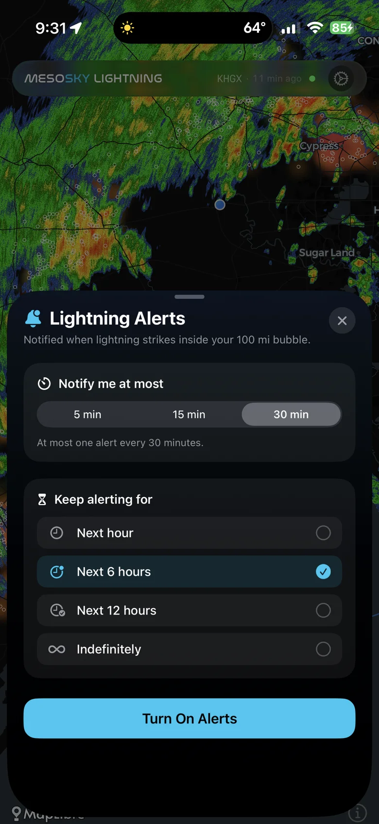 Lightning alert controls: notify cadence and duration