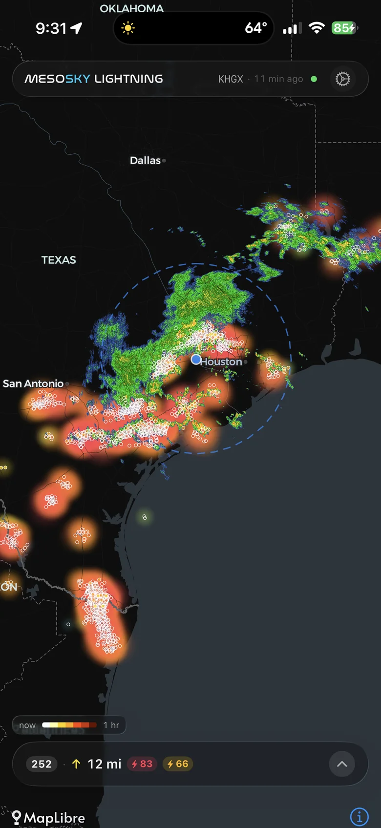 MesoSky Lightning showing a real-time strength heatmap of lightning over the Gulf Coast