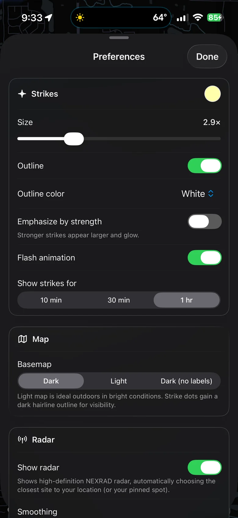 Extensive personalization settings for strikes and radar