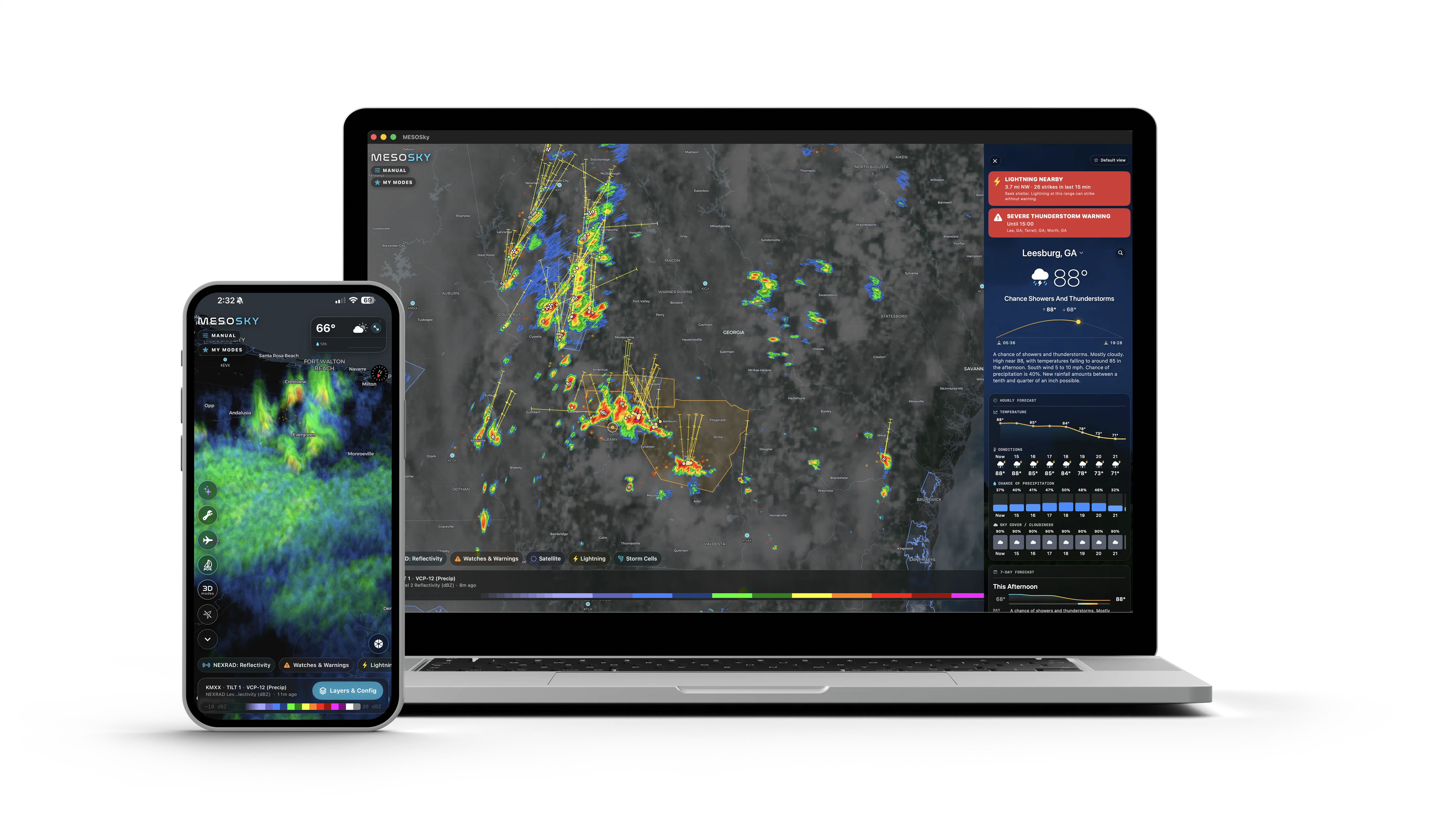 MESOSky running on iPhone and MacBook side by side — 3D volumetric radar on iPhone, full desktop weather station on Mac with satellite view, warnings, and forecast