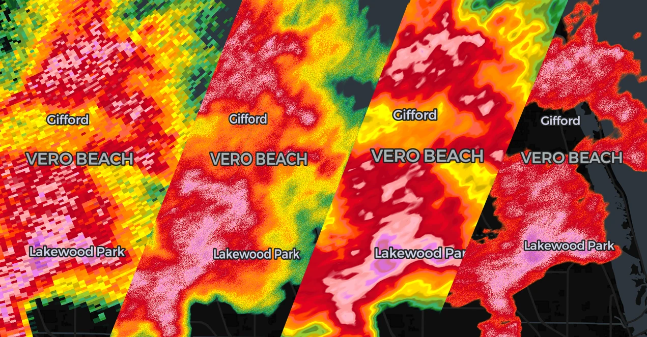 Four MESOSky radar rendering styles, side by side: raw NEXRAD, light smoothing, eye-pleasing smoothing, and dBZ-filtered