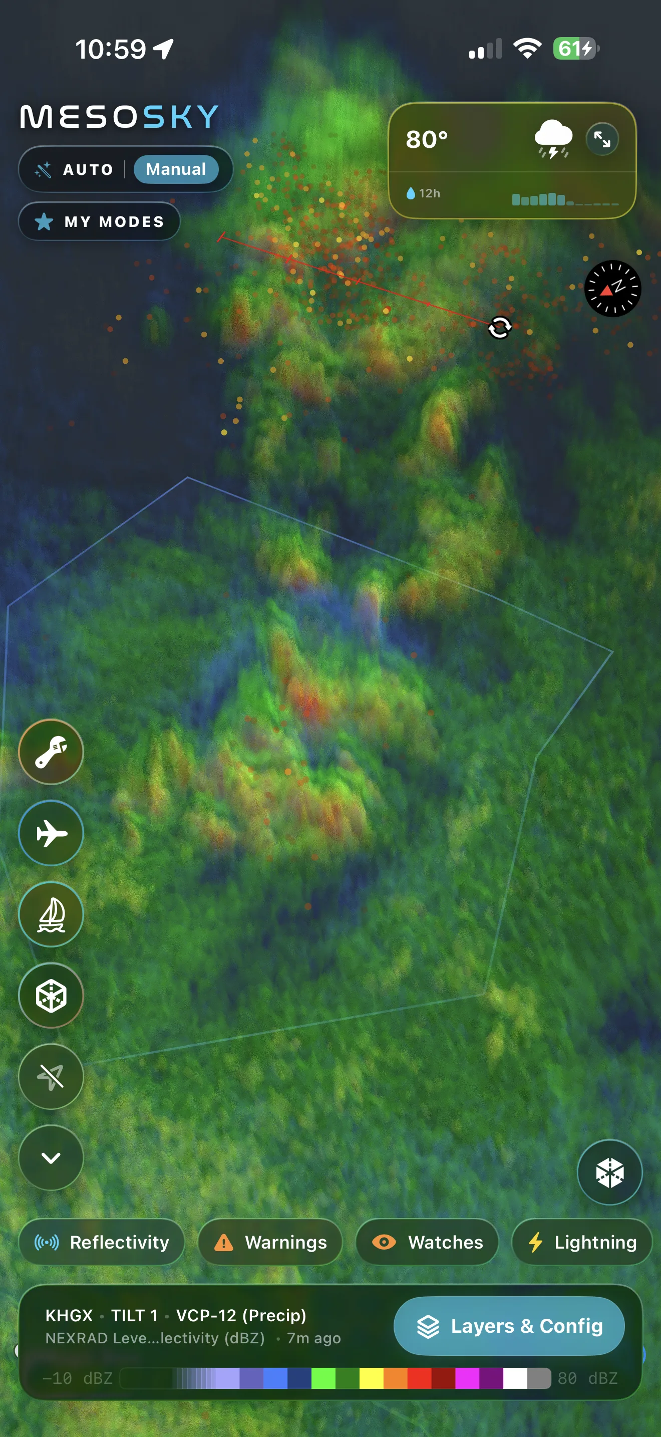 MESOSky 3D volumetric radar view with lightning and storm warnings