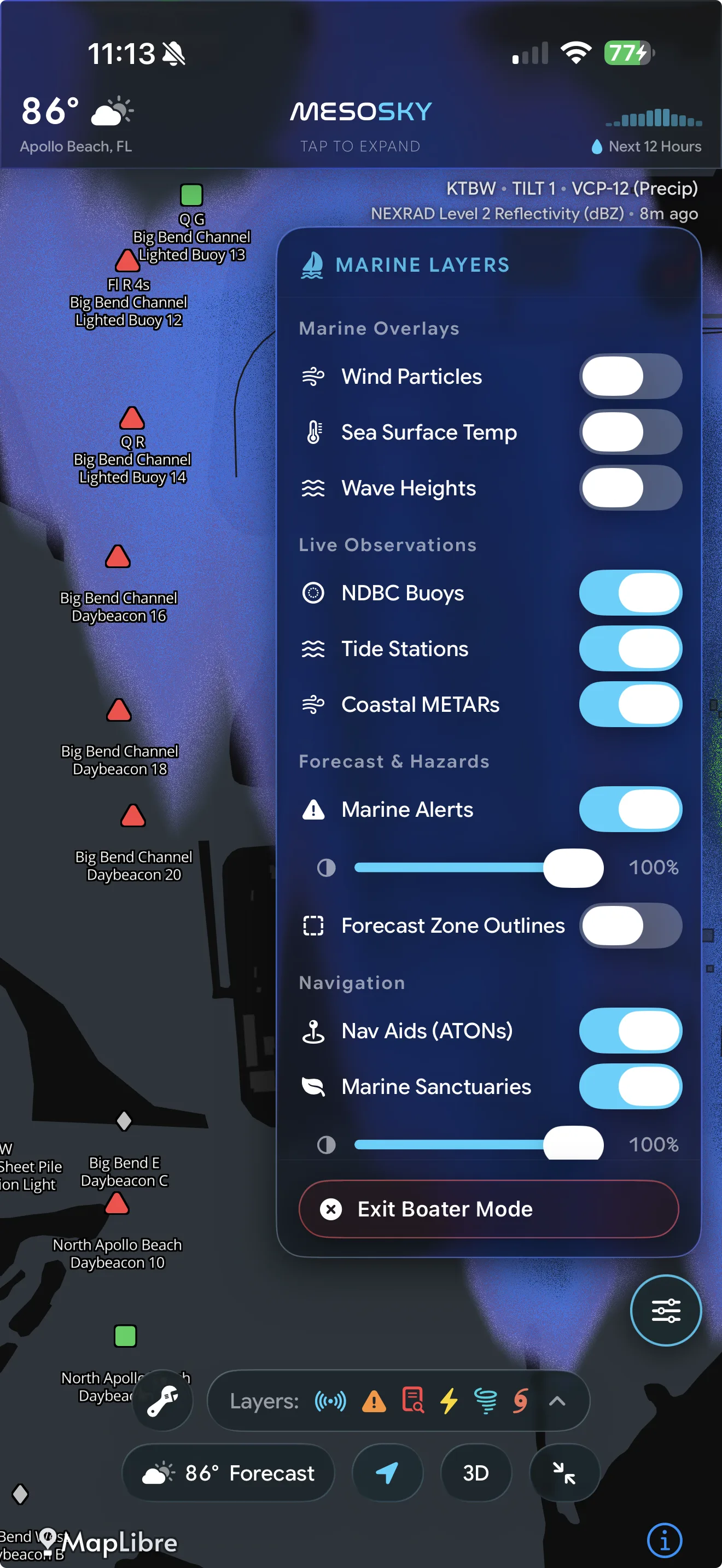 MesoSky Boater Mode with the Marine Layers panel open over a coastal map — wind particles, sea-surface temperature, wave heights, NDBC buoys, tide stations, coastal METARs, marine alerts, and aids to navigation