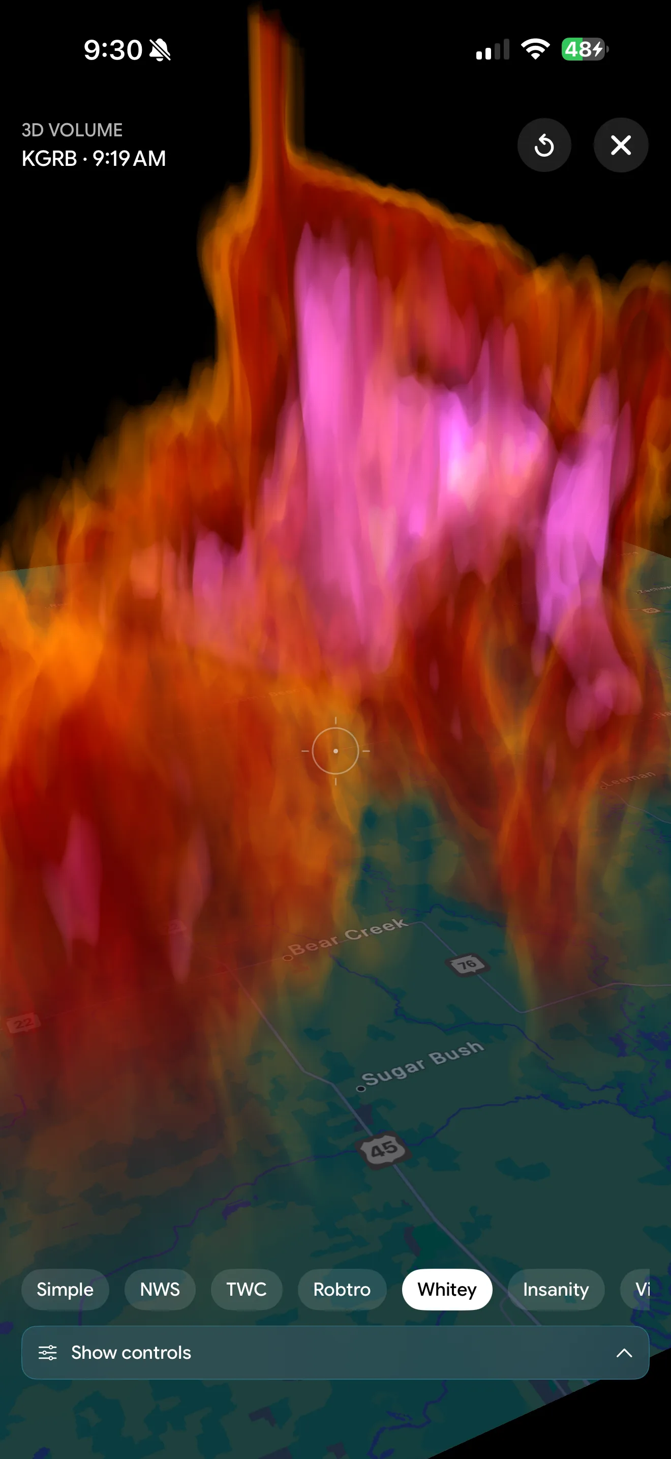 MesoSky 3D volumetric storm rendered with the live color-scheme picker open, showing selectable palettes along the bottom of the screen