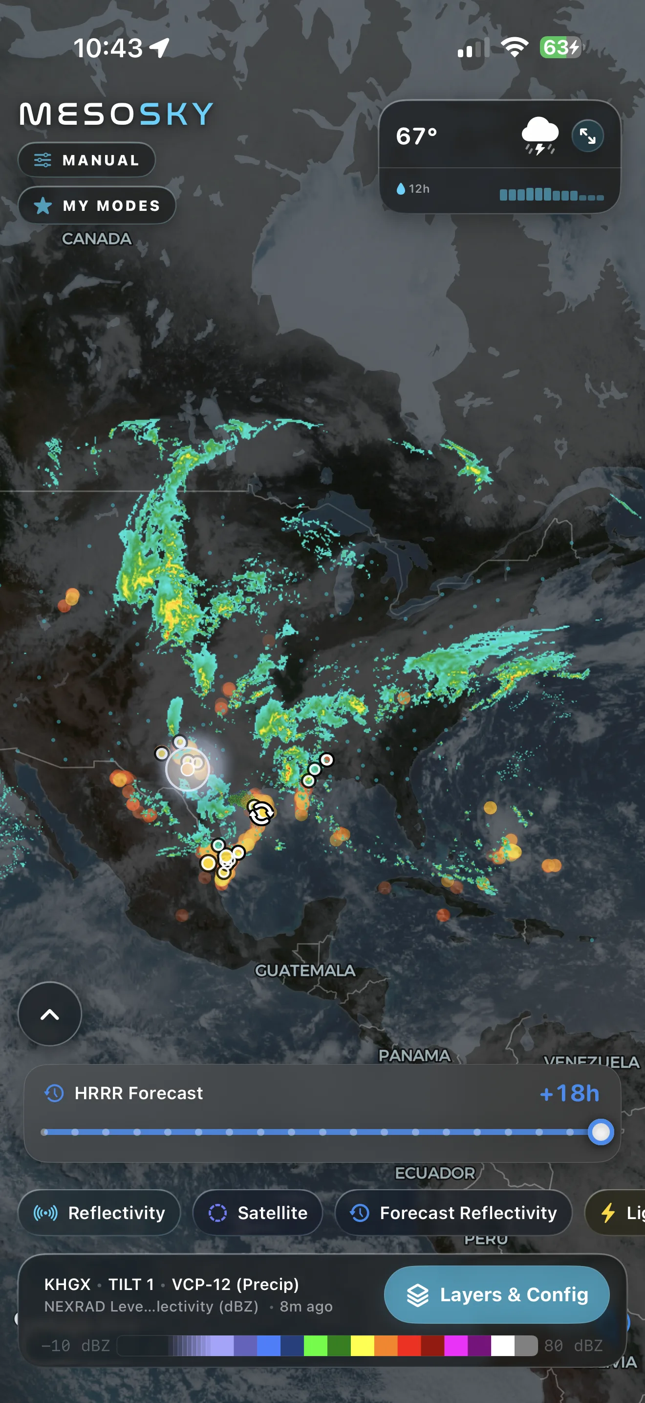 MESOSky HRRR forecast reflectivity with storm tracking over Central America