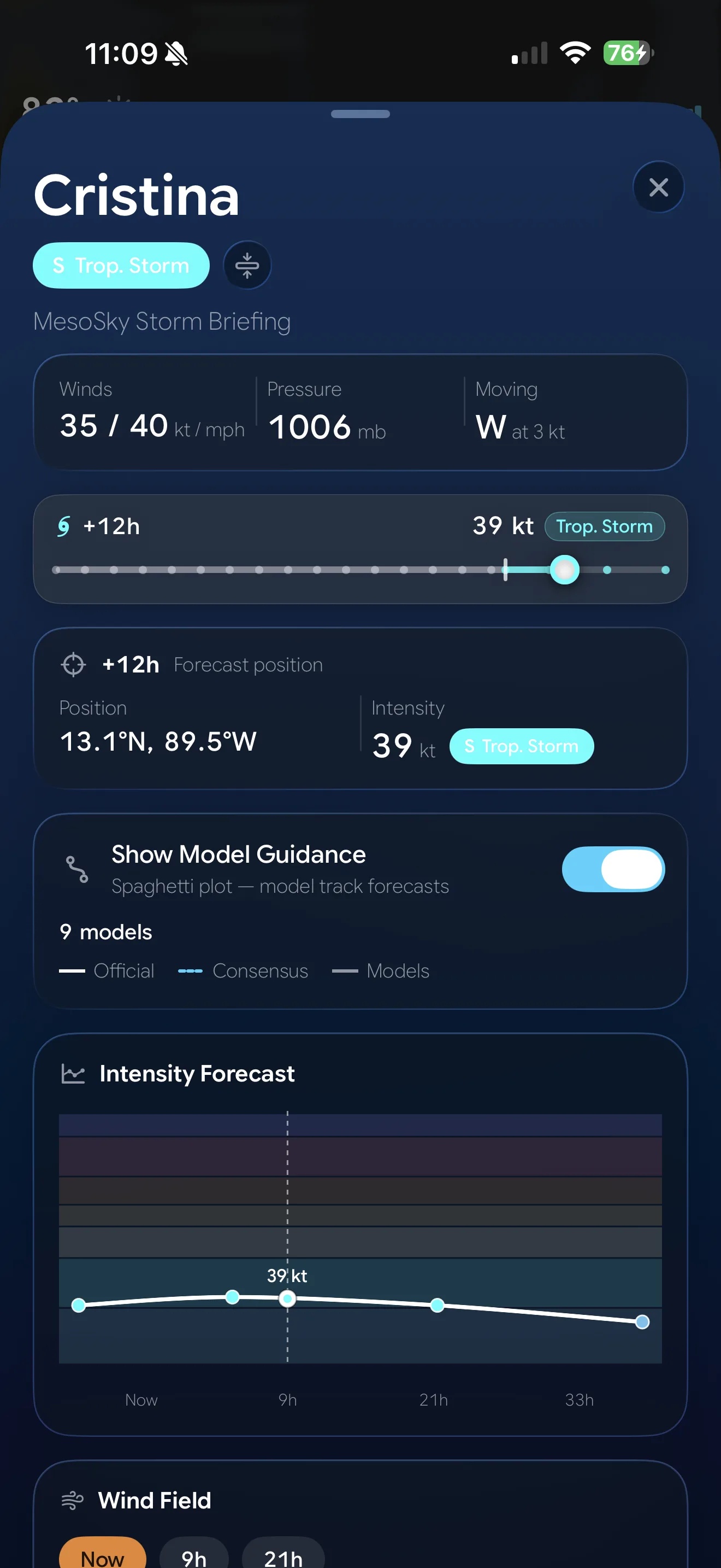 MesoSky Storm sheet for Tropical Storm Cristina with winds and pressure, a scrubbable forecast timeline, a Show Model Guidance toggle, and an intensity-forecast curve
