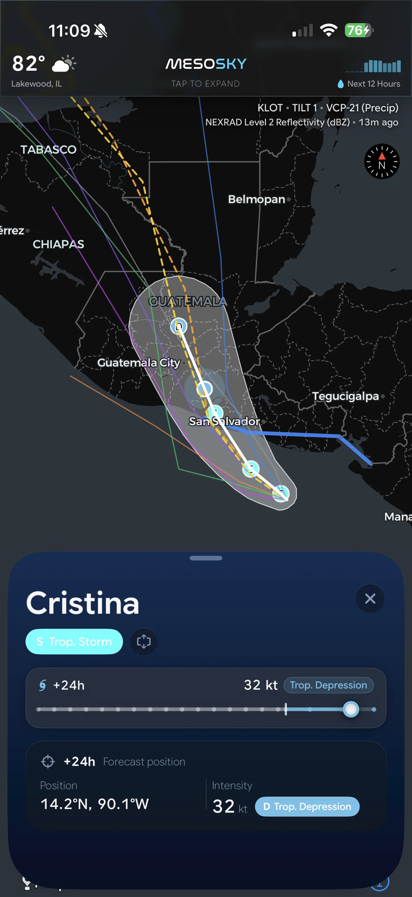 MesoSky tropical map showing Tropical Storm Cristina's forecast cone, official track with intensity fixes, and multi-model spaghetti guidance, with the storm sheet open below